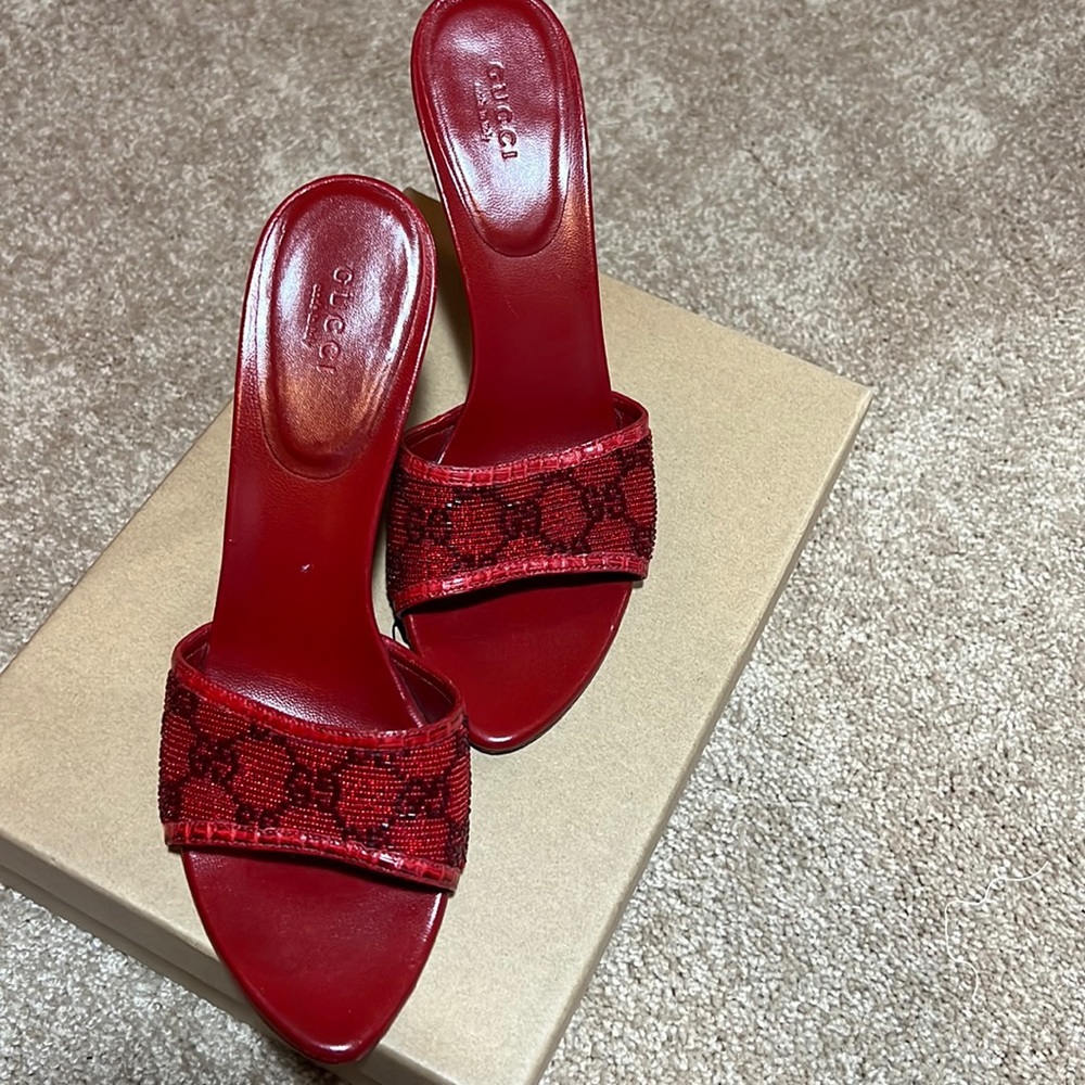 Gucci Red GG Beaded Open-Toe Slide Sandals Size 8